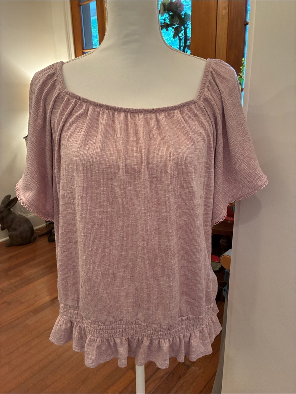 ALYX Women's Square Neck Short Sleeve Ruffle Hem Blouse Mauve XL